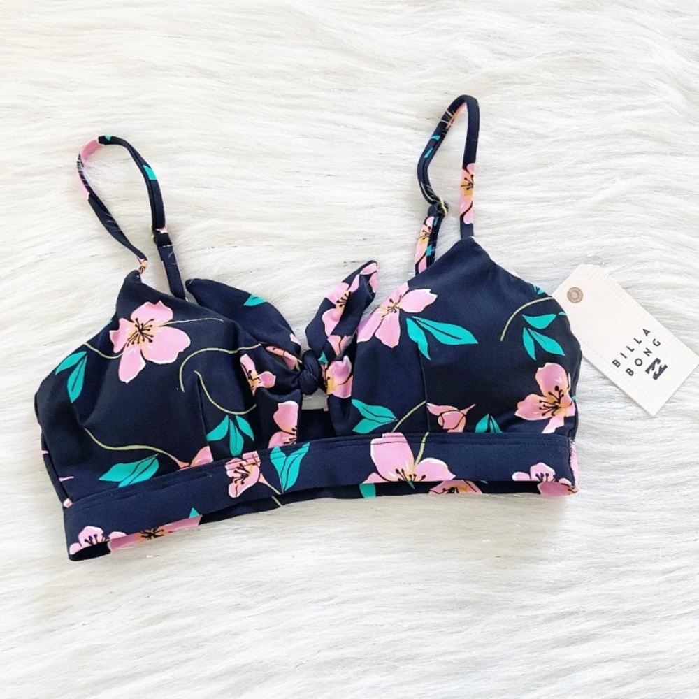 NEW Billabong Black Floral Tie Front Bikini Top